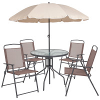 Flash Furniture GM-202012-BRN-GG Nantucket 6 Piece Brown Patio Garden Set with Table, Tan Umbrella and 4 Folding Chairs